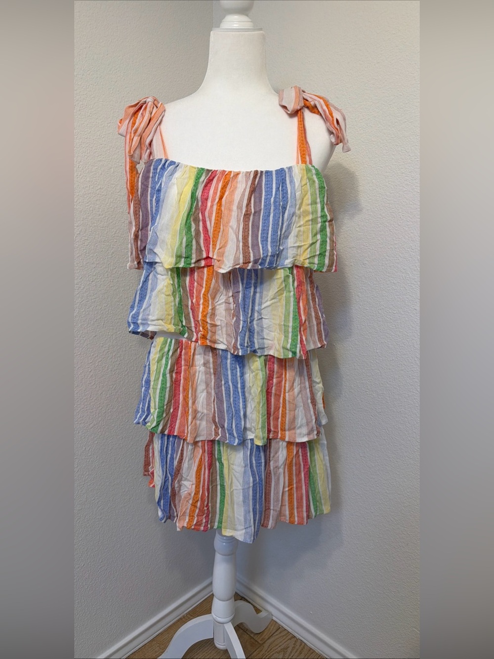 Women’s Entro Striped Tiered Ruffle Mini Dress Size Small Rainbow Adjustable